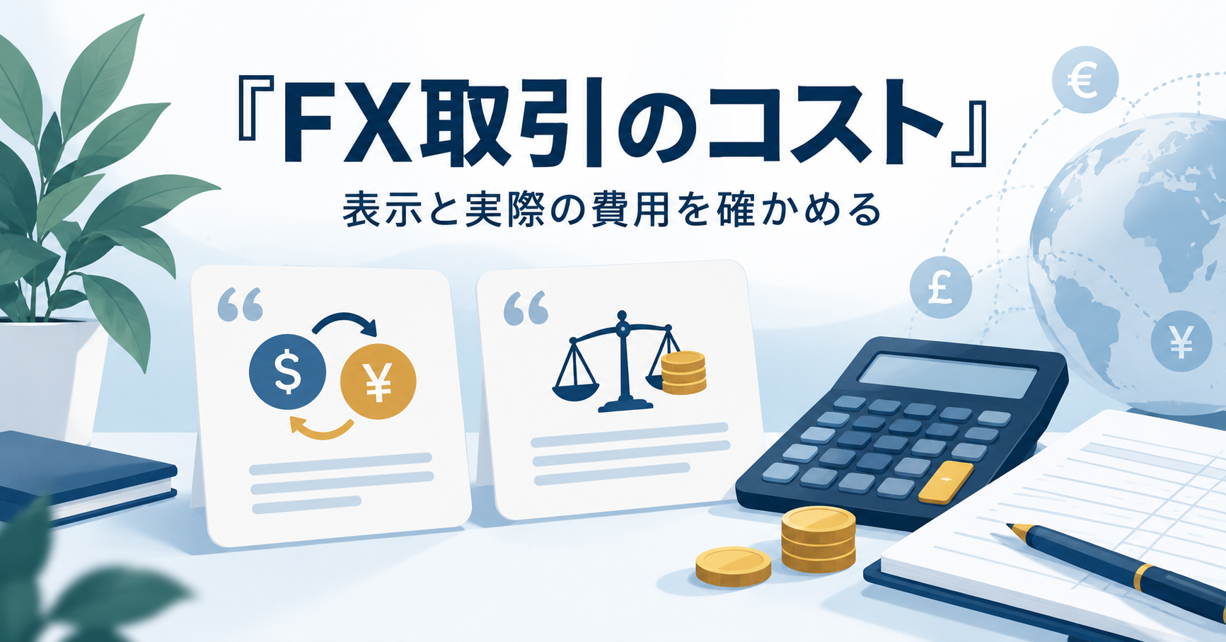 売買価格の差、計算機、帳簿でFX取引の費用を確認するイラスト